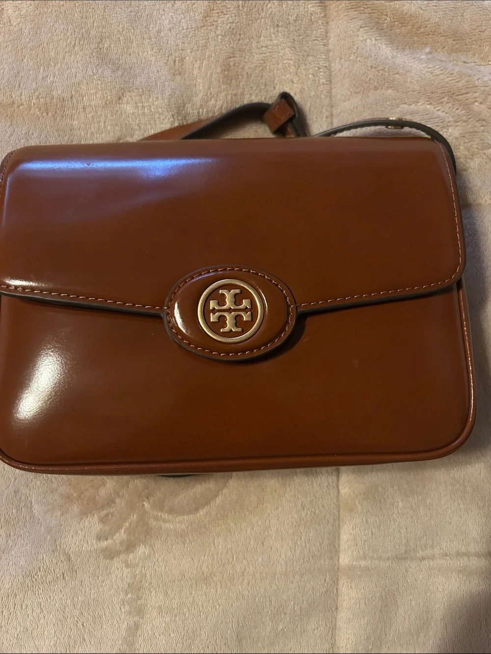 Tory Burch Cognac Patent Leather Messenger with Gold Logo